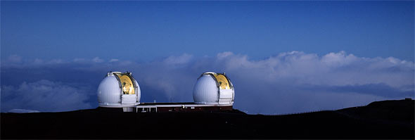 Morning light on twin domes, (c)  Rick Peterson / W.M. Keck Observatory