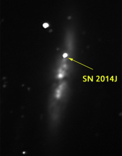 Galaxie M82 mit Supernova SN 2014J, s/w CCD-Aufnahme vom 22.01.2014 (c) C. Preuß